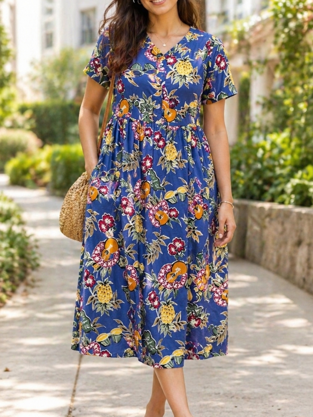 Hilo Hattie Hawaiian Blue Tropical Floral Midi Dress Cotton